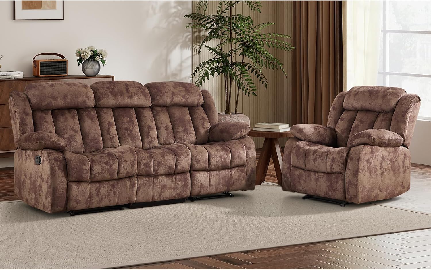 EBELLO Manual Reclining Sofa Set, Classic Recliner Sofa with Overstuffed Arms and Backrest, Include 1 Recliner Chair and 1 3-Seat Couch, Dark Brown