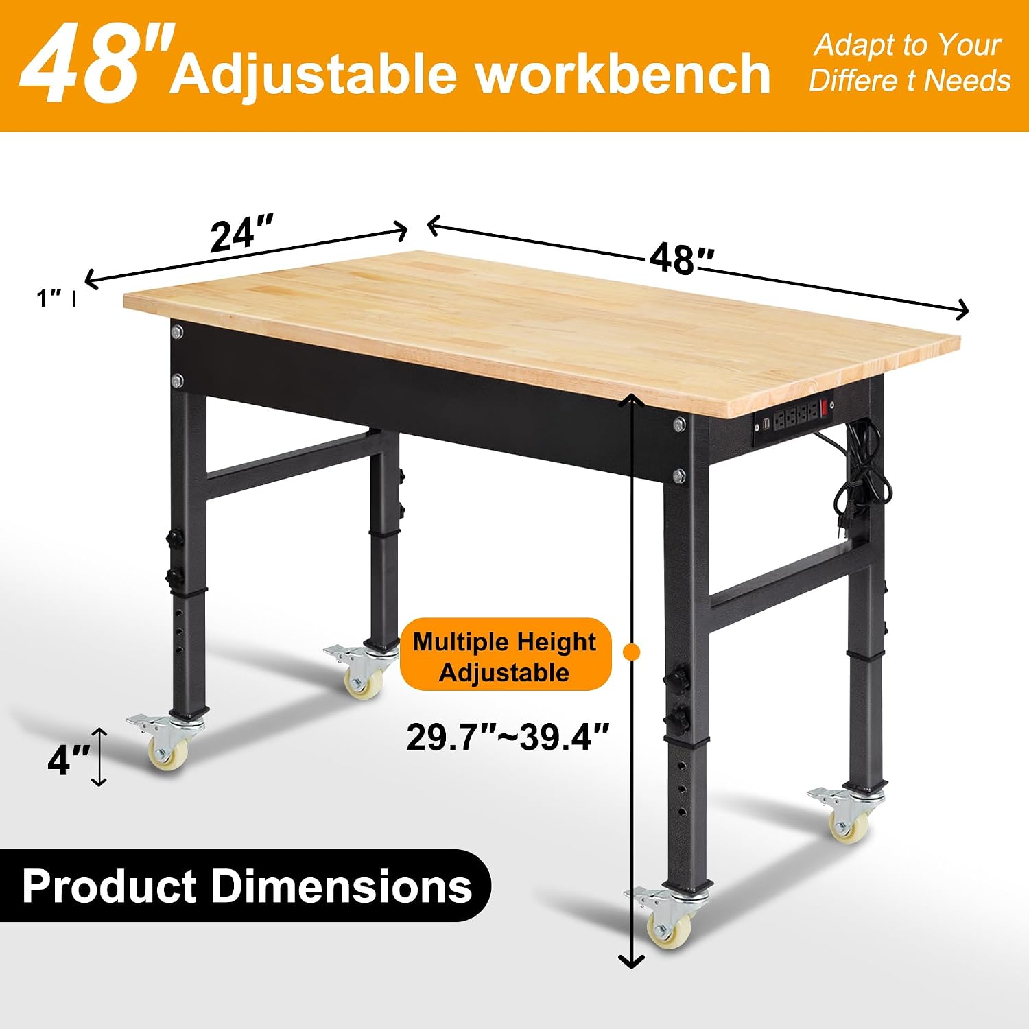 48' Adjustable Work Bench, Rubber Wood Top Workbench Heavy-Duty Work Table with Power Outlet,workbenches Wheels, 2000 LBS Load Capacity Hardwood Work Benches for Garage, Workshop, Home, Office