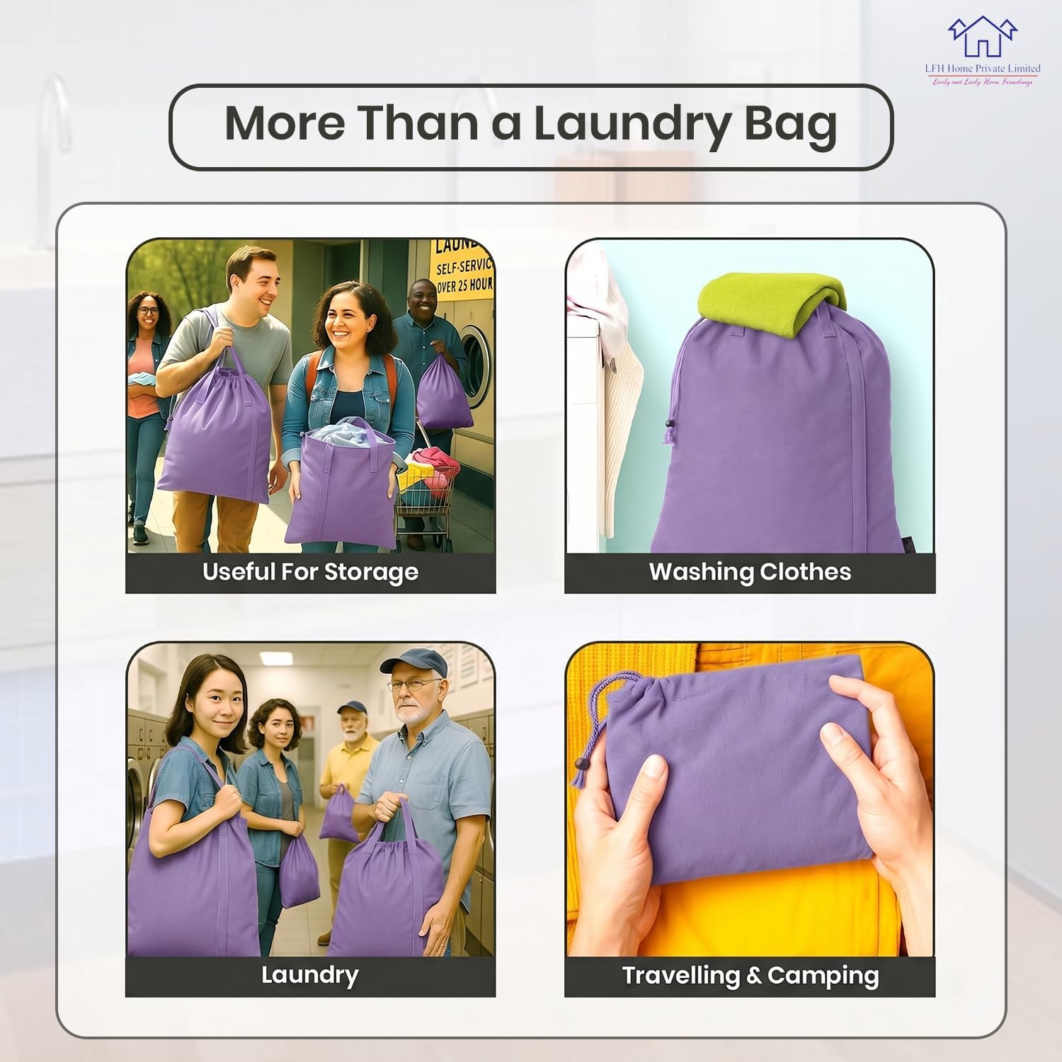 LFH Home Cotton Rich Large Premium Canvas Laundry Bag, Heavy Duty Washable Laundry Hamper with Drawstring & Handles, Multi-Use Clothes Storage for Home, Travel & College 18'x26' (Pack of 6) - Lavender
