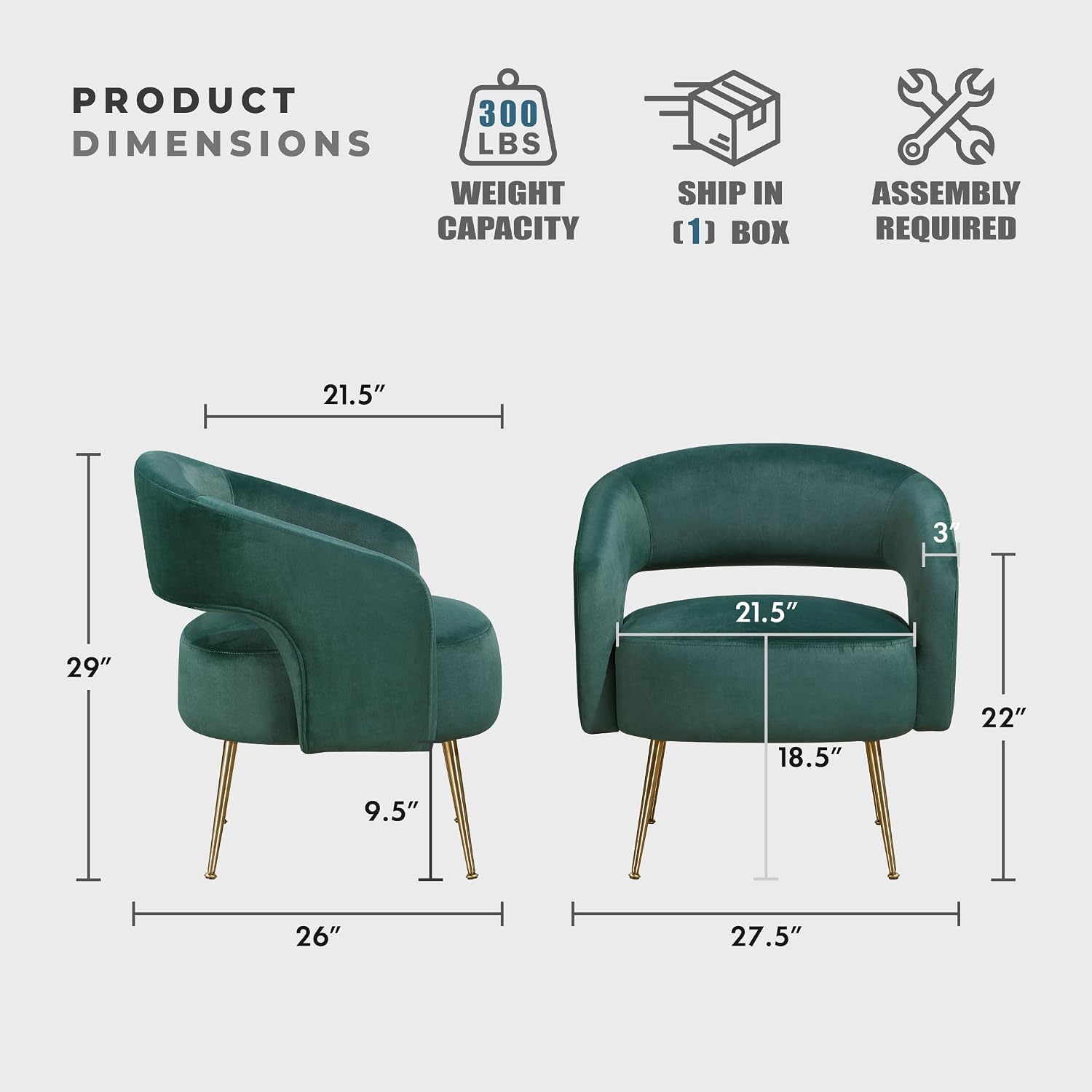 Lexicon Mid-Century Modern Velvet Accent Chair with Open Back, Gold Metal Legs, Upholstered Curved Barrel Armchair for Living Room/Bedroom/Office, Easy Assembly, Dark Green