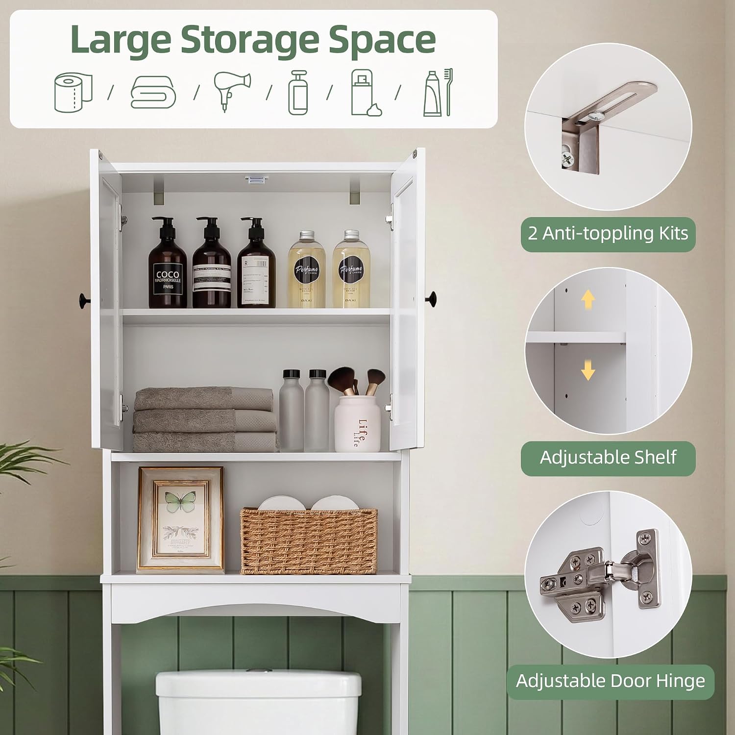 Over The Toilet Storage Cabinet with Rattan Doors, Boho Farmhouse Bathroom Organizer Over Toilet, 5-Level Adjustable Bottom Bar Fits Water Valve, 3 Adjustable Inner Shelves, White, 24'x70'