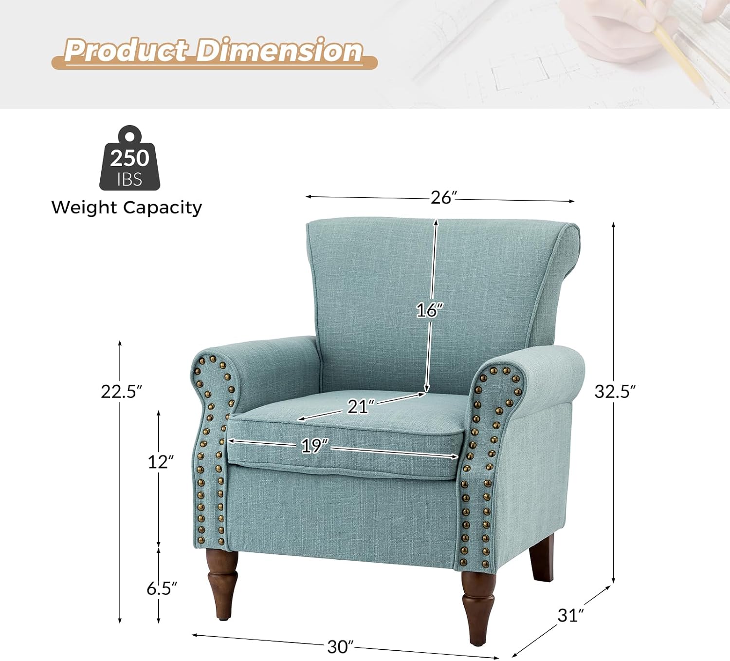 HULALA HOME Accent Chair with Wood Legs & Removable Cushion, Modern Wingback Armchair with Nailhead Trim, Comfy Upholstered Lounge Chair, Single Sofa Chairs for Living Room Bedroom Set of 2, Blue