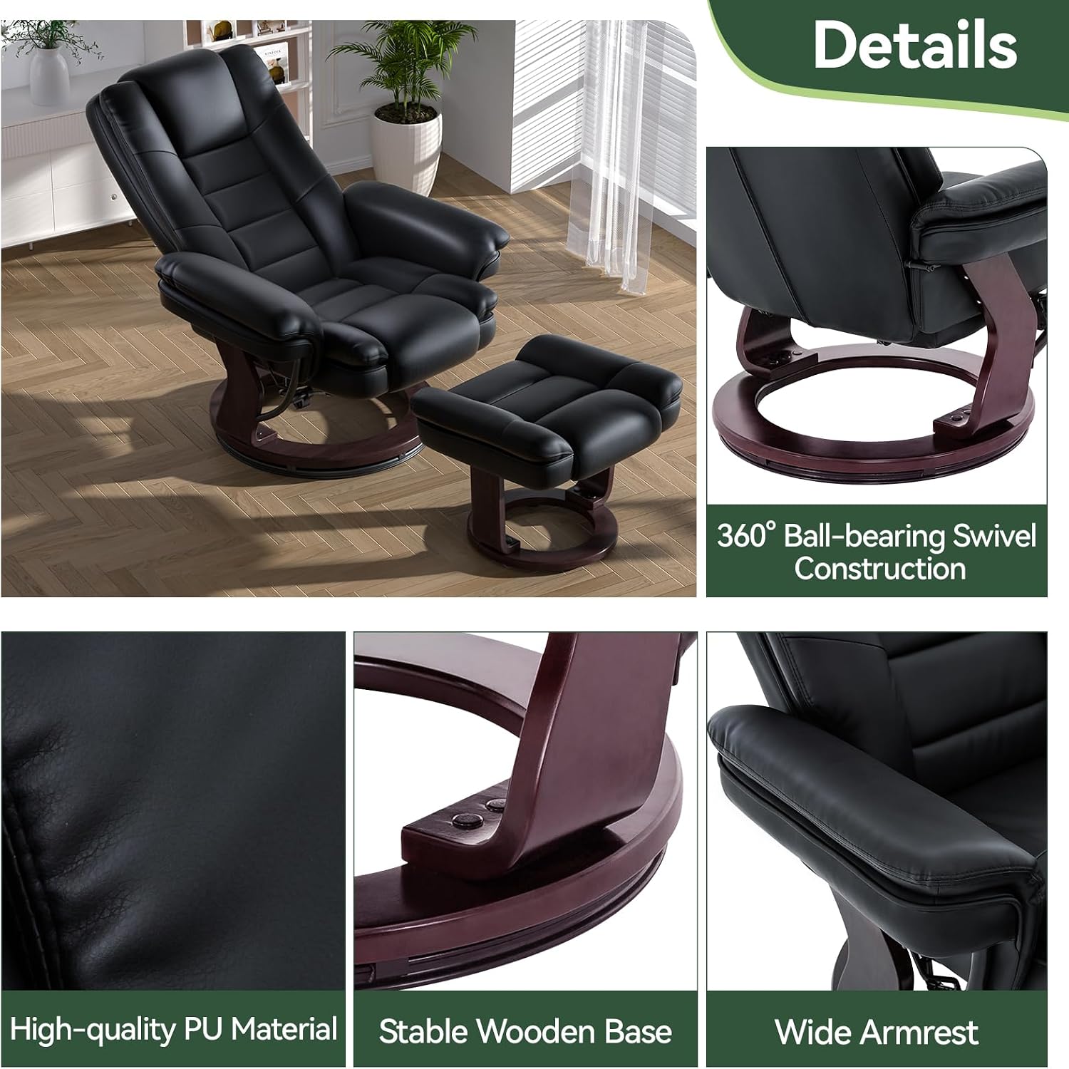 Vogue Furniture Direct Swivel Recliner Chair with Ottoman, Adjustable PU Leather Recliner with Wood Base, Thick Padded Cushion, Modern Reclining Chair & Ottoman Set for Living Room, Bedroom (Black)