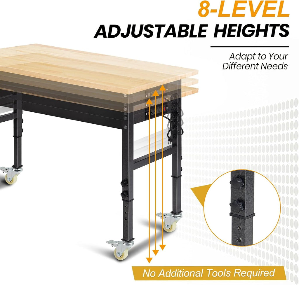 70'' Adjustable Workbench, Rubber Wood Top Work Bench Heavy-Duty Work Table with Socket, Wheels and Fixed Legs 2000 LBS Load Capacity Hardwood Sewing Table for Garage, Workshop, Home, Office