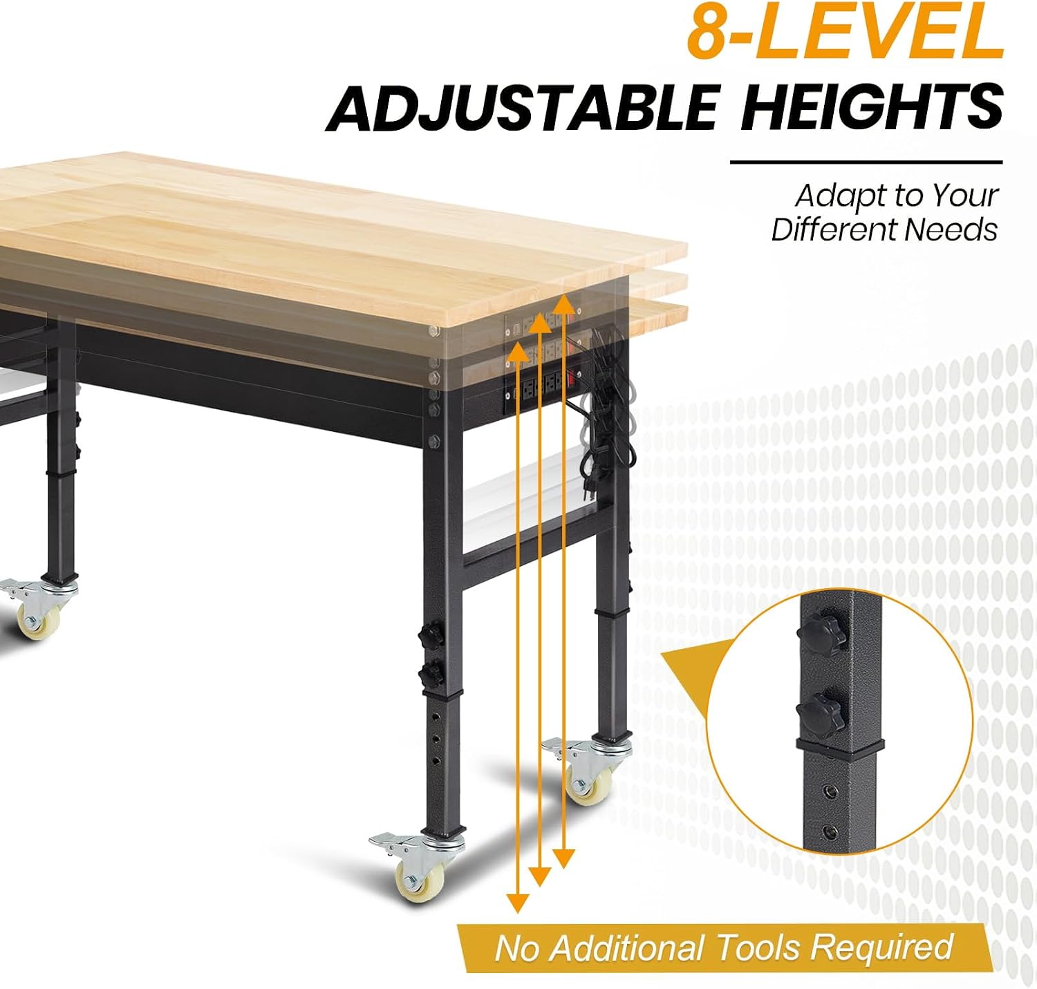 70'' Adjustable Workbench, Rubber Wood Top Work Bench Heavy-Duty Work Table with Socket, Wheels and Fixed Legs 2000 LBS Load Capacity Hardwood Sewing Table for Garage, Workshop, Home, Office