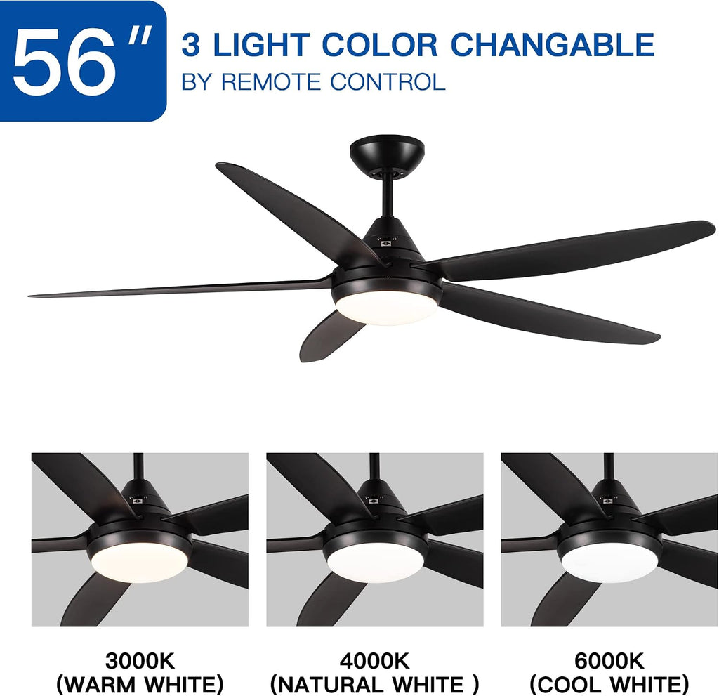 LED Black Ceiling Fan with Light And Remote,56 Inch, Black ABS Blade,For Indoor Outdoor Modern Flush Mount Ceiling Fan