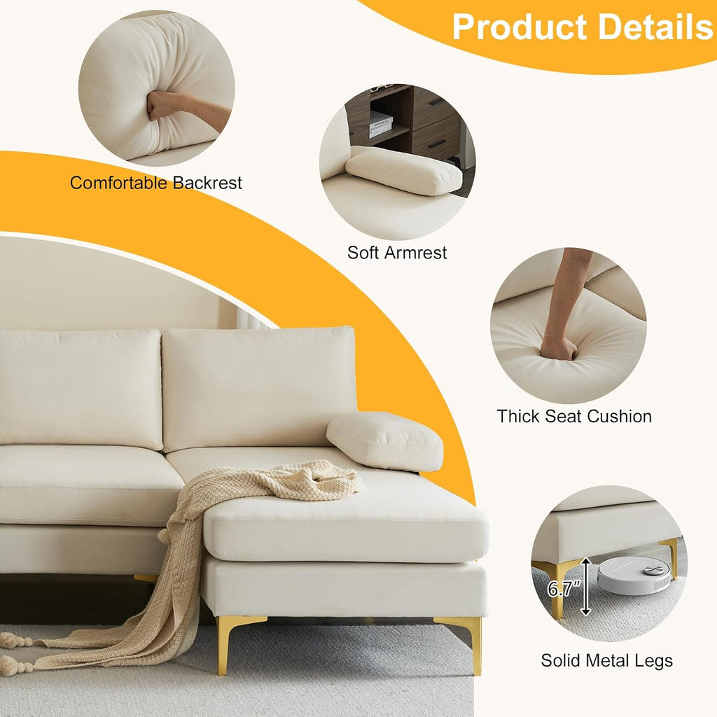 Karl home Convertible Sectional Sofa 110' U-Shape Sofa Couch 4-Seat Couch with Chaise Fabric Upholstered for Living Room, Apartment, Office, Beige