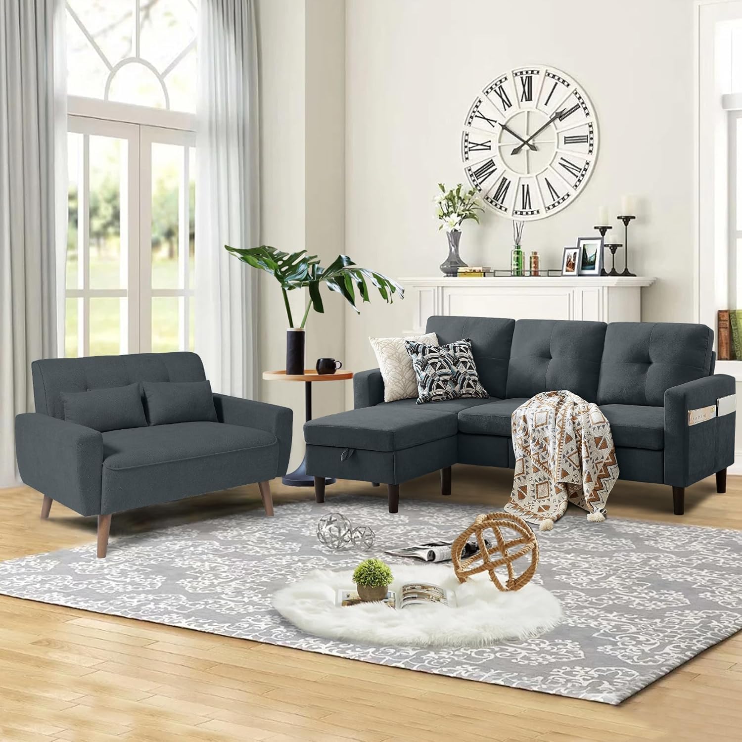 2 Piece Comfy Couch Set, 3 Seater & 2-Seater Sofa and Loveseat Set with Ottoman, Modern Sofa Sets for Living Room/Apartment/Office, Dark Grey