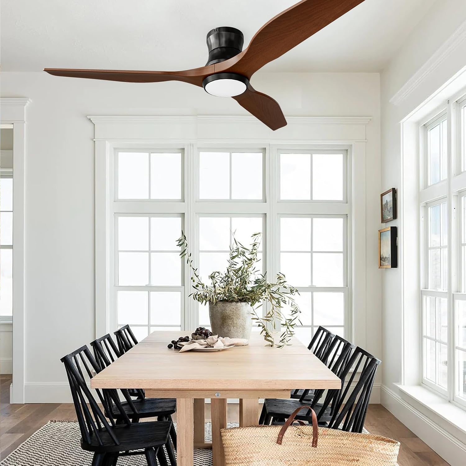 Smart 52' Wood Flush Mount Ceiling Fan with Remote Control, Walnut | Quiet DC Motor, WiFi Alexa Voice Control, High CFM Dimmable LED, Low Profile, Reversible, 6 Speeds Adjustment, Time Setting