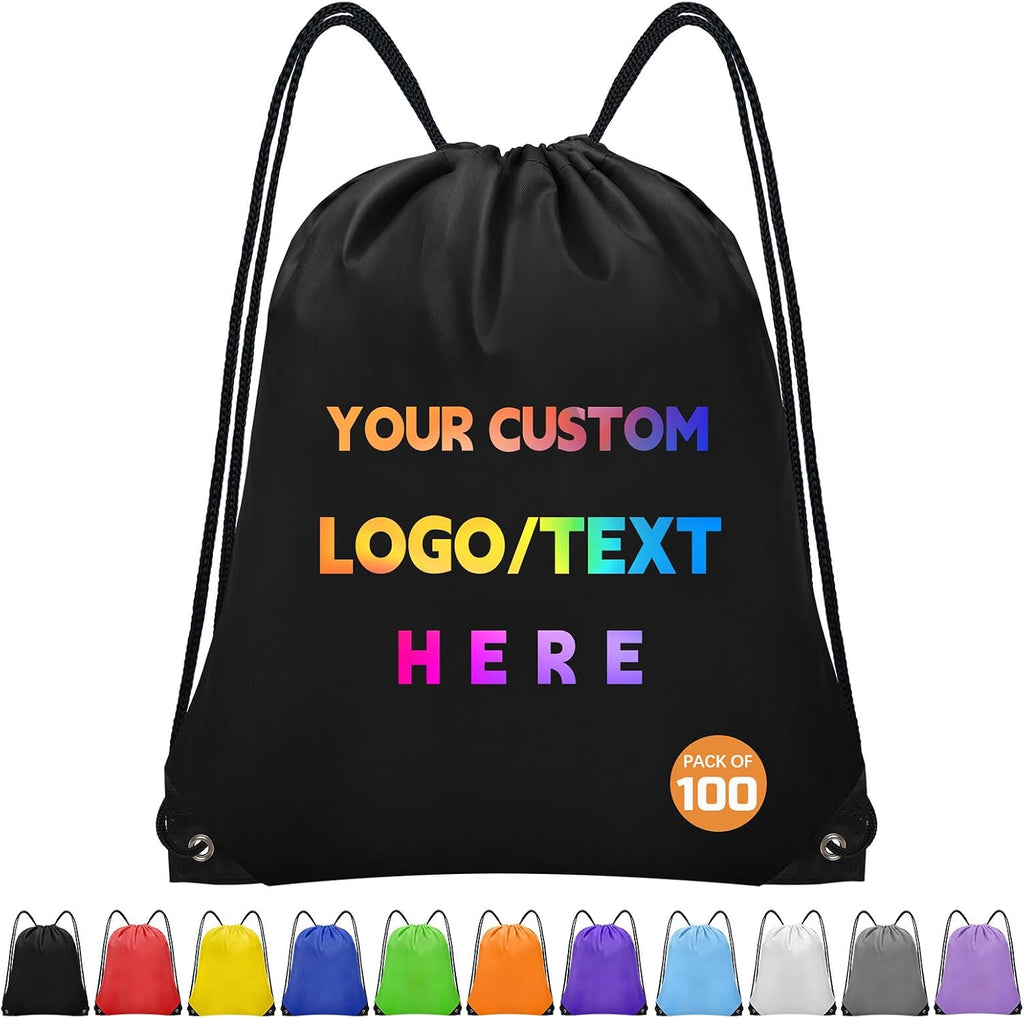 Grneric Personalized Drawstring Backpacks Bulk with Custom Logo 100 Pack Polyester String Gym Bags for Events, Travel, Sports, Black
