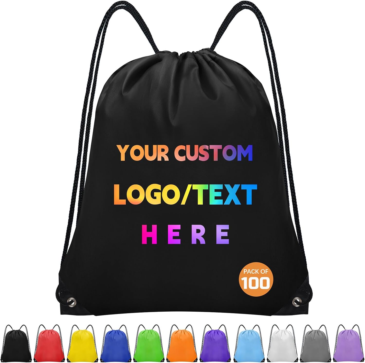 Grneric Personalized Drawstring Backpacks Bulk with Custom Logo 100 Pack Polyester String Gym Bags for Events, Travel, Sports, Black