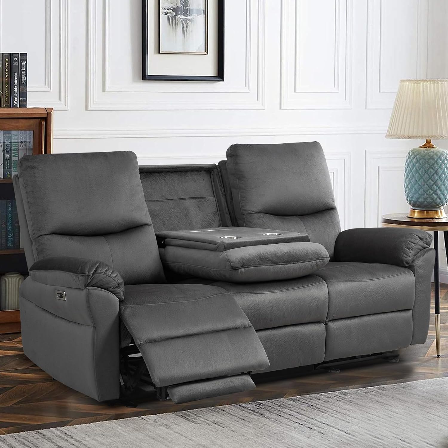 Reclining Sofa, Power Reclining Sofa with Drop-Down Table & Cup Holders, Modern 3 Seat Power Reclining Couch, Wall Hugger Sofa Recliner for Living Room Furniture Sets(Dark Gray) | Console