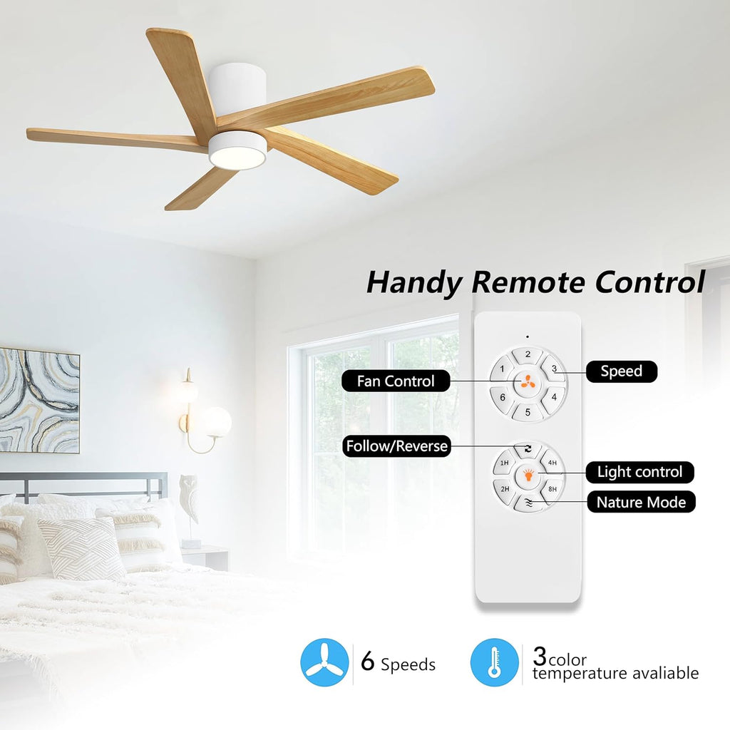WINGBO 54 Inch Flush Mount DC Ceiling Fan with Lights and Remote, 5 Reversible Carved Wood Blades, 6-Speed Noiseless DC Motor, Hugger Ceiling Fan in White Finish with Oak Blades, ETL Listed