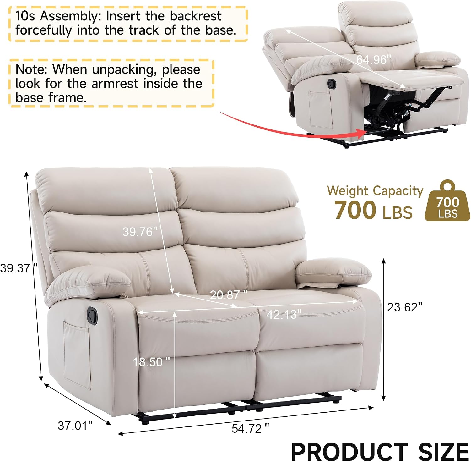 Double Recliner Loveseat, Leather Reclining Loveseat, 2 Recliners Set, Wall Hugger Loveseat Recliner Sofa for Living Room, RV, Home Theater Seating(Beige, 2 Seater Sofa)