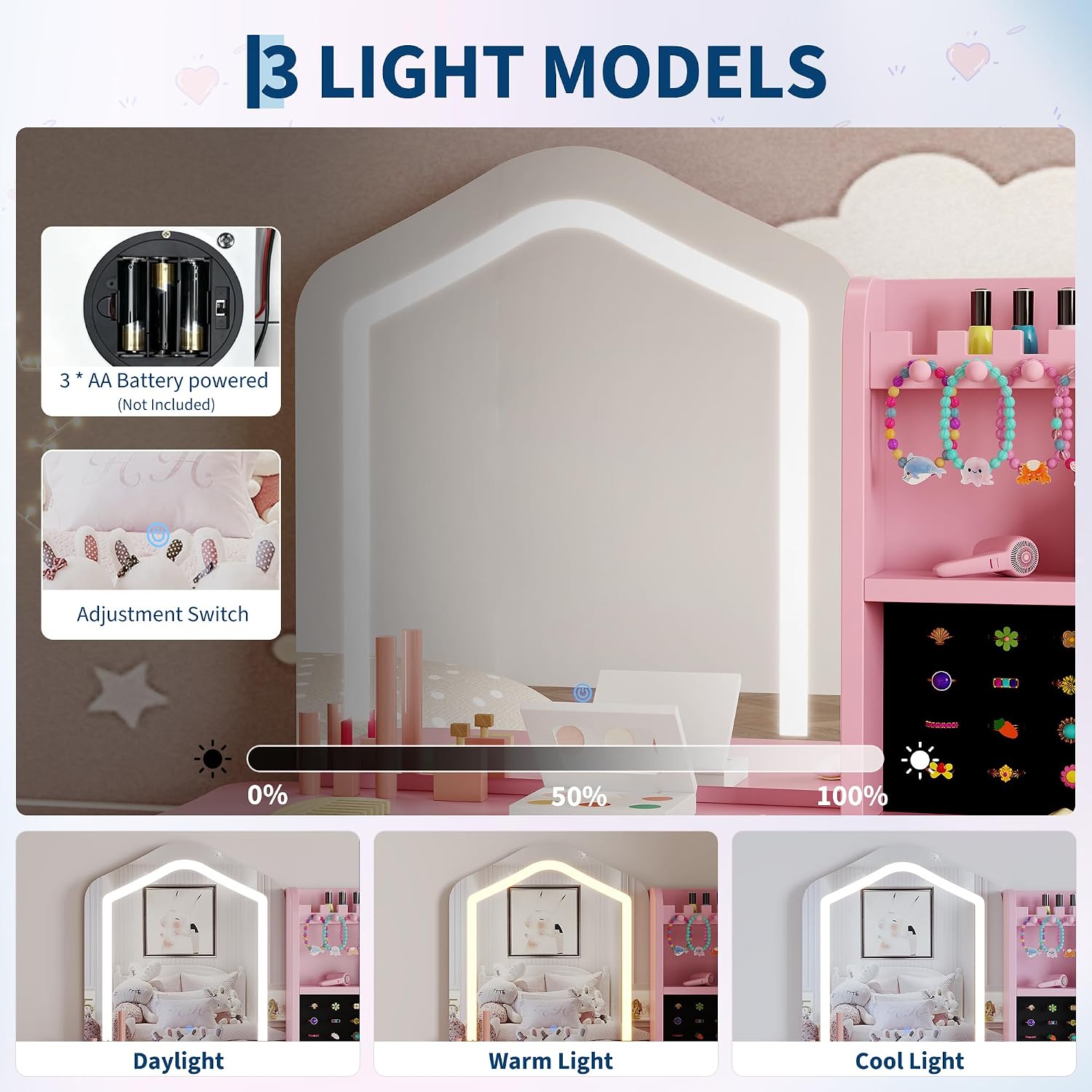 GarveeHome Kids Vanity with Lighted Mirror, Toddler Vanity Table and Chair Set, Girls Makeup Playset, Pink