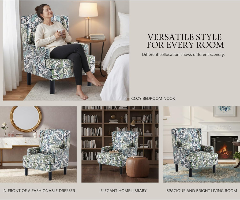 Modern Accent Chair for Living Room Chairs Oversized Reading Chair Accent Chairs for Living Room Sofa Chair with High Back and Wood Legs,Upholstered Armchair Comfy Chair for Bedroom(Green Floral)