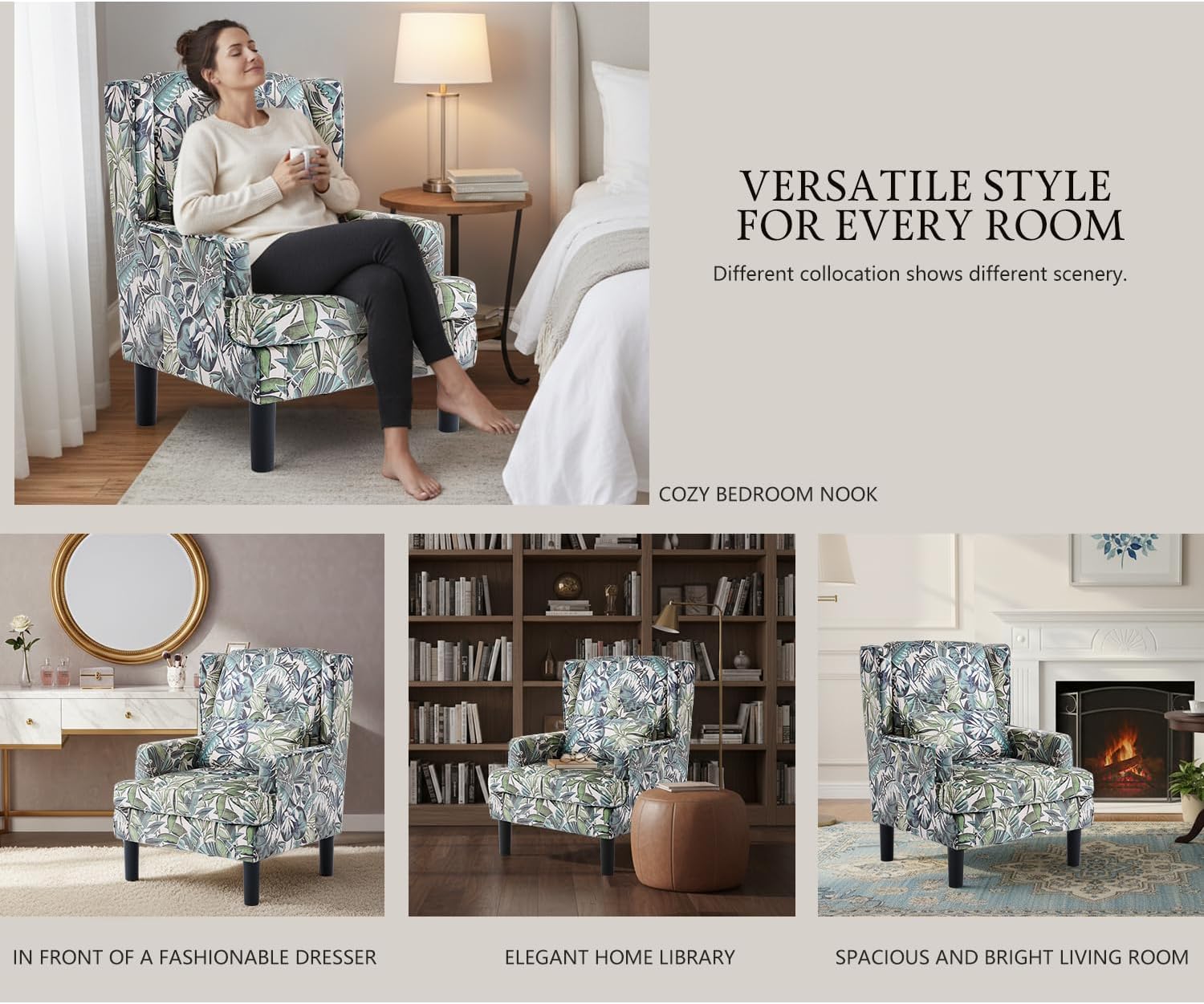 Modern Accent Chair for Living Room Chairs Oversized Reading Chair Accent Chairs for Living Room Sofa Chair with High Back and Wood Legs,Upholstered Armchair Comfy Chair for Bedroom(Green Floral)