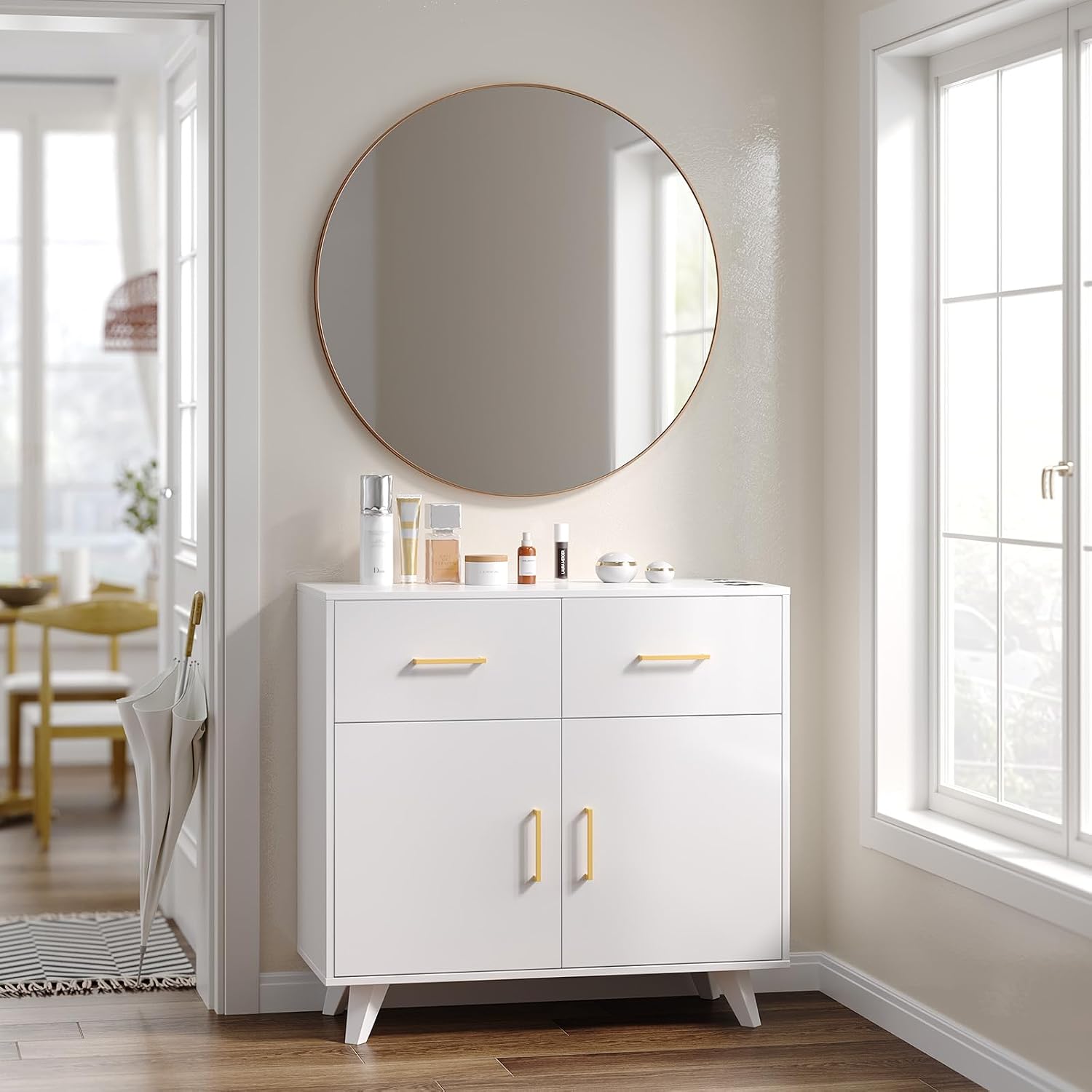OmySalon Wall Mount Salon Station, Barber & Hair Stylist Station with Round Mirror, Hair Dryer Holders, Storage Cabinet & Adjustable Shelf, Beauty Spa Dresser, White