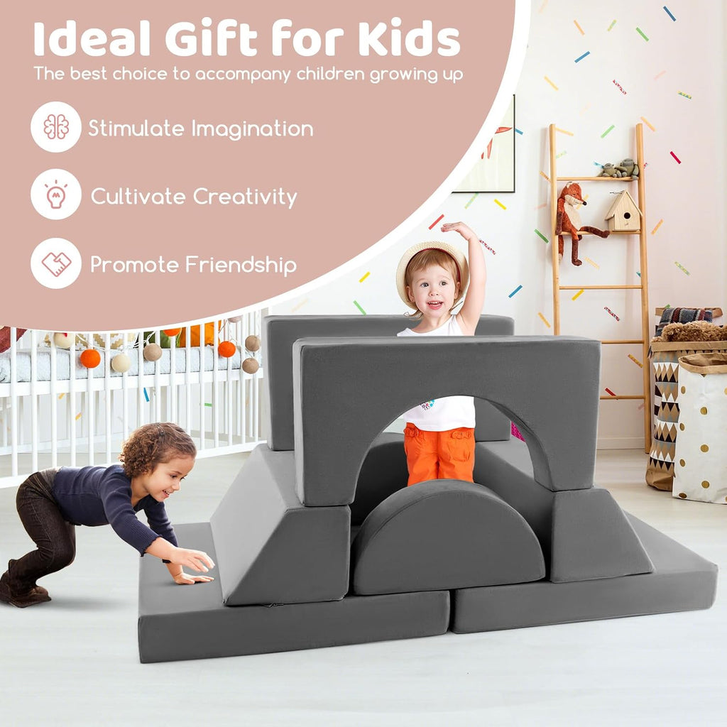 Costzon Convertible Toddler Couch, 8PCS Kids Modular Play Sofa w/Detachable Cover for Playroom, Creative Couch for Playing, Creating & Sleeping, Imaginative Furniture for Girls & Boys (Gray)