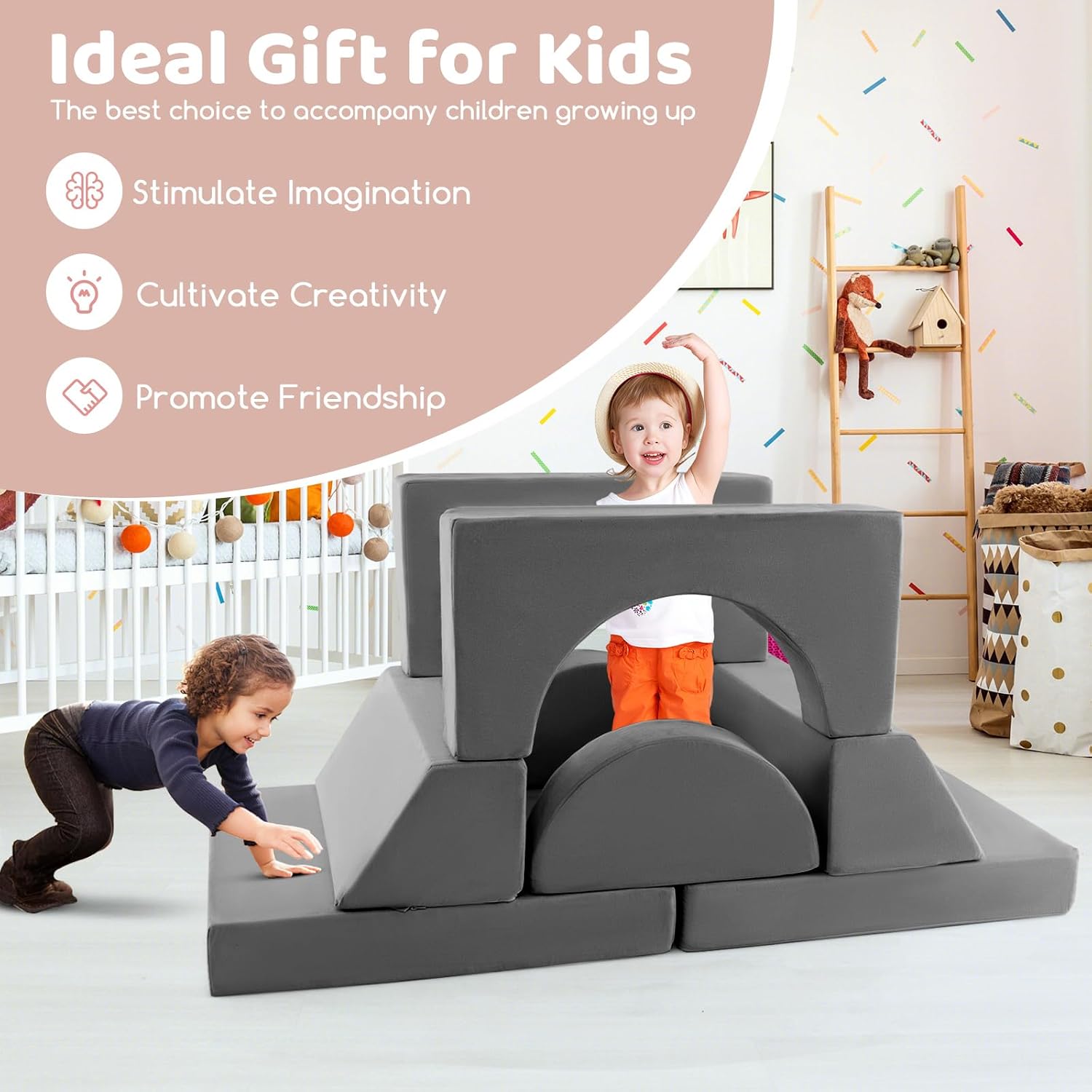Costzon Convertible Toddler Couch, 8PCS Kids Modular Play Sofa w/Detachable Cover for Playroom, Creative Couch for Playing, Creating & Sleeping, Imaginative Furniture for Girls & Boys (Gray)
