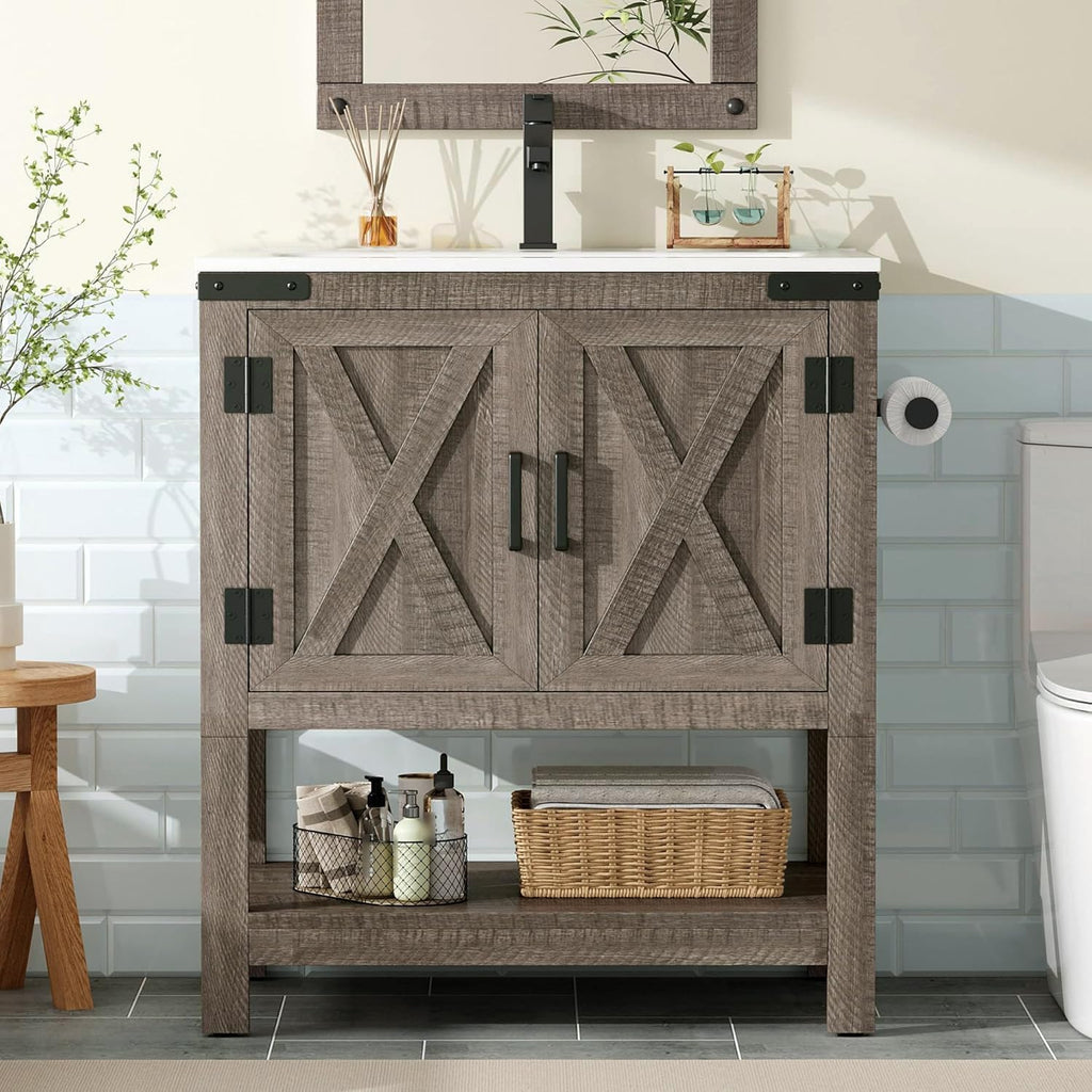 AMERLIFE 24' Farmhouse Bathroom Vanity with Sink Combo, Wood Barn Doors & Open Shelf, Freestanding Single Bathroom Storage Cabinet, Paper Towel Holder, Easy-Clean Countertop, Light Gray