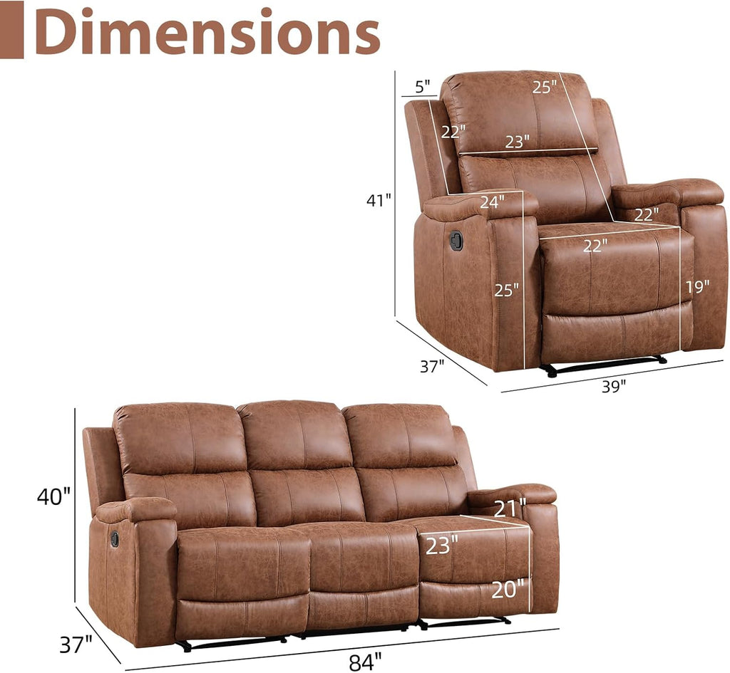 CANMOV Faux Leather Manual Reclining Sofa Furniture Set, 2 Manual Recliner Chair and 3 Seat Recliner Sofa Couch Set for Living Room,Brown