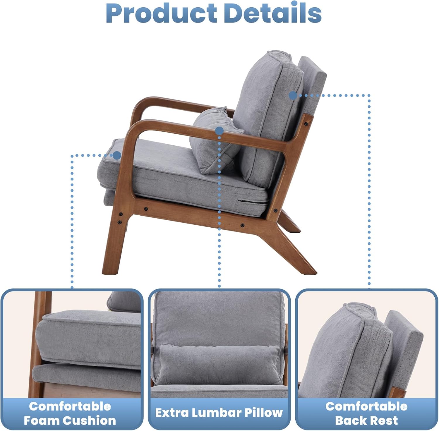DUMOS Mid Century Modern Chair Set of 2, Accent Chair with Arms and Waist Cushion, Reading Chairs for Adults, Lounge Chair for Living Room and Bedroom, Solid Wooden Frame, Grey