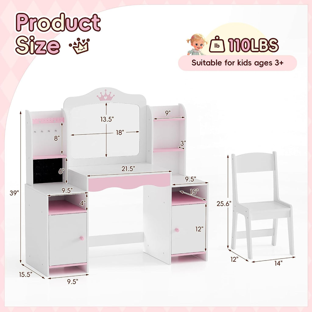 Kids Vanity, Girl Vanity Set with Storage Cabinet & Open Shelf, 2 in 1 Kids Vanity Table and Chair Set with Jewelry Storage, Princess Toddler Makeup Vanity with Mirror for Little Girls (White)