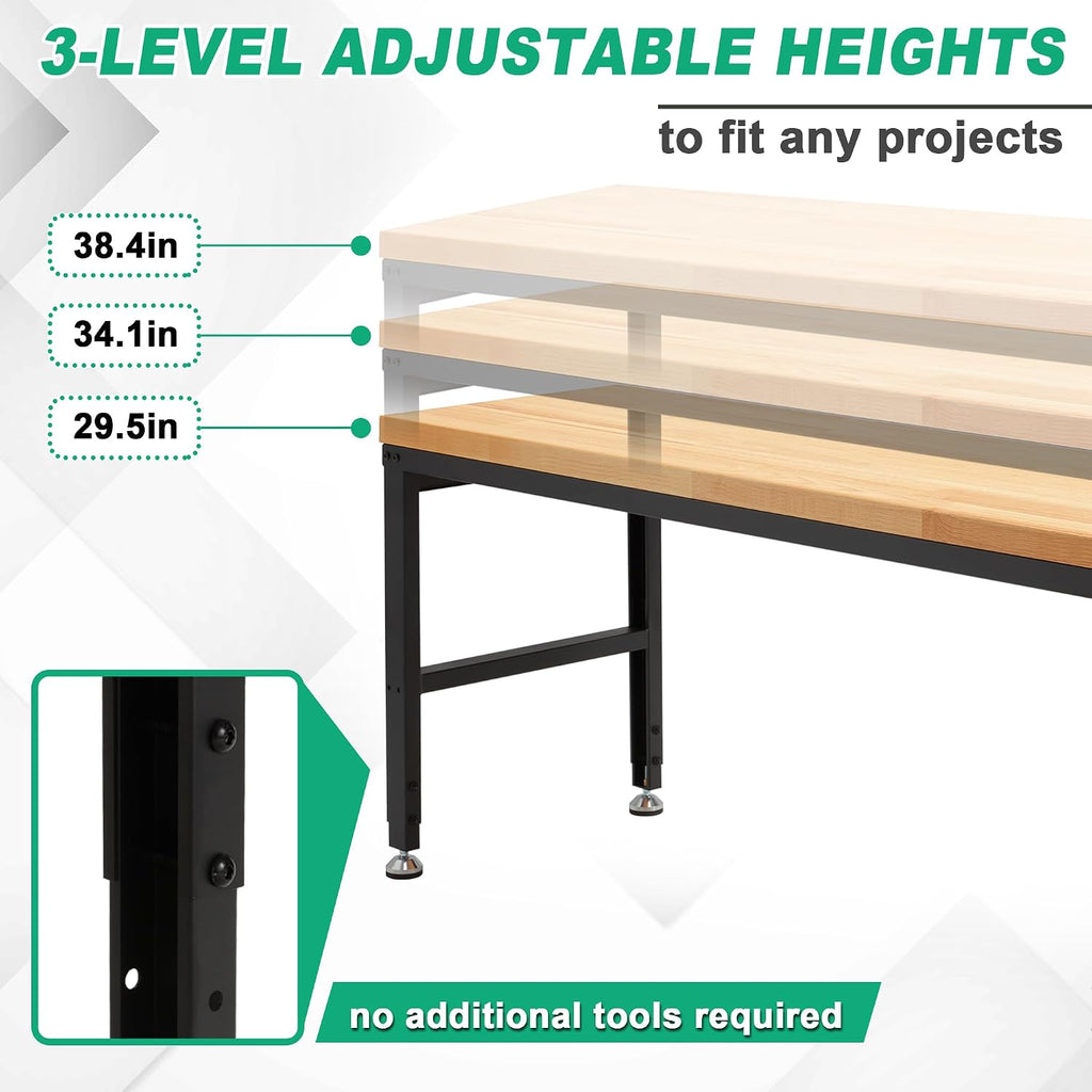 HABUTWAY Height Adjustable Workbench, 60'x20' 2000 Lbs Capacity Solid Wood Work Station Heavy-Duty, with Power Outlets, for Garage Party Shop Office
