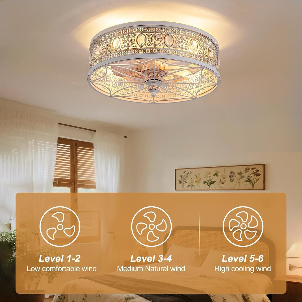 French Country Shabby Chic Crystal Fandelier, Cottage Flush Mount Ceiling Fan with Lights and Remote, Decorative Enclosed Fan for Girls Room, Nursery, Small Bedrooms