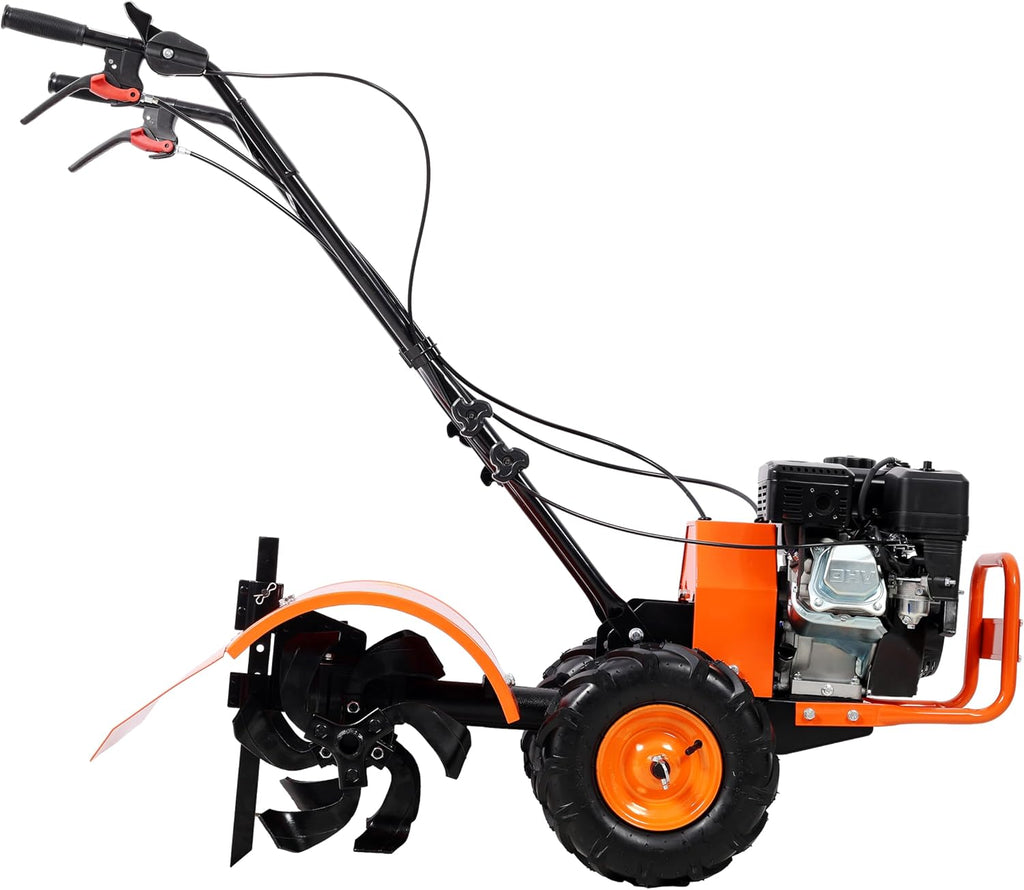【LuckyNote】 Heavy Duty Power Tiller, Rear Tine Tiller - 7HP Gas Engine 212CC, 20' Wide and 8' Deep Cultivator - Garden Soil Prep for Planters and Vegetable Beds and More.13 Inch Agricultural Tires