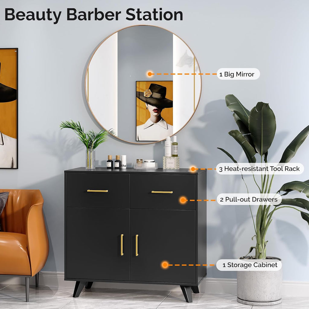 OmySalon Wall Mount Salon Station, Barber & Hair Stylist Station with Round Mirror, Hair Dryer Holders, Storage Cabinet & Adjustable Shelf, Beauty Spa Dresser, Black