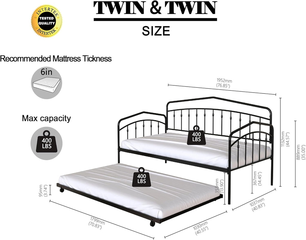 Christopher Knight Home Fox Twin Daybed with Trundle, Metal Sofa Bed Set, Rollaway Daybed Couch Bed Frame for Bedroom Living Room Guest Room, Elegant and Simple Style, Anti-Noise, Easy Assembly, White