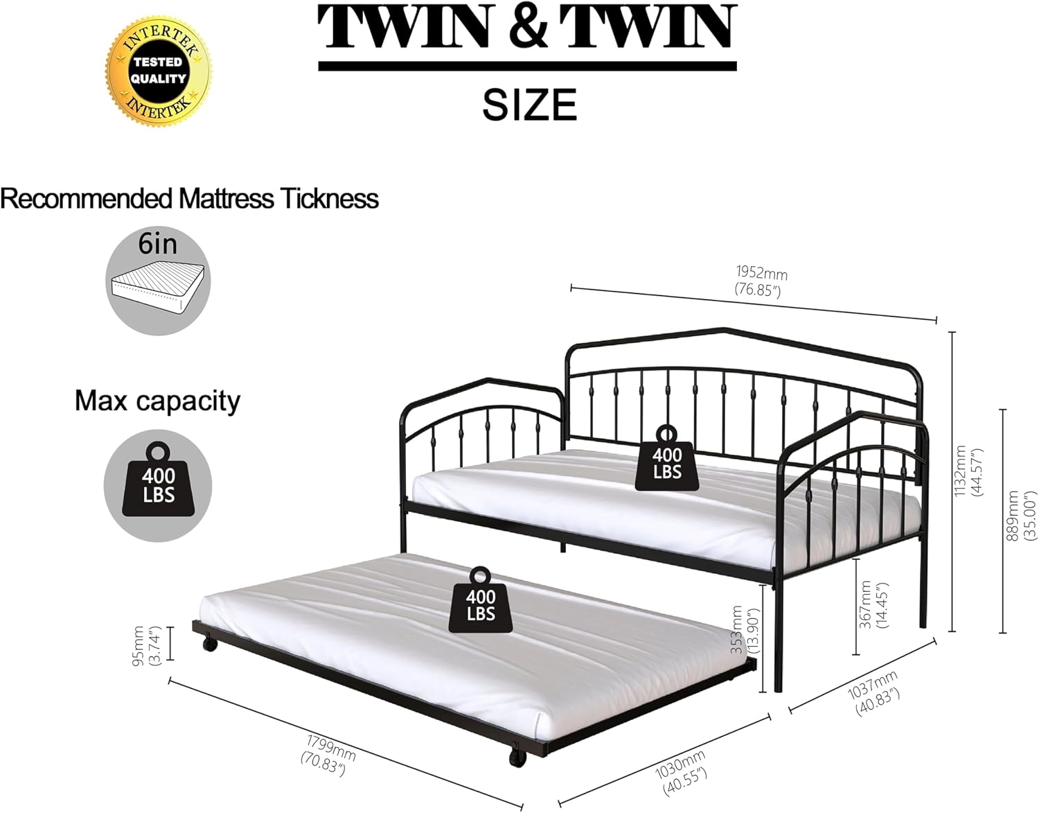 Christopher Knight Home Fox Twin Daybed with Trundle, Metal Sofa Bed Set, Rollaway Daybed Couch Bed Frame for Bedroom Living Room Guest Room, Elegant and Simple Style, Anti-Noise, Easy Assembly, White