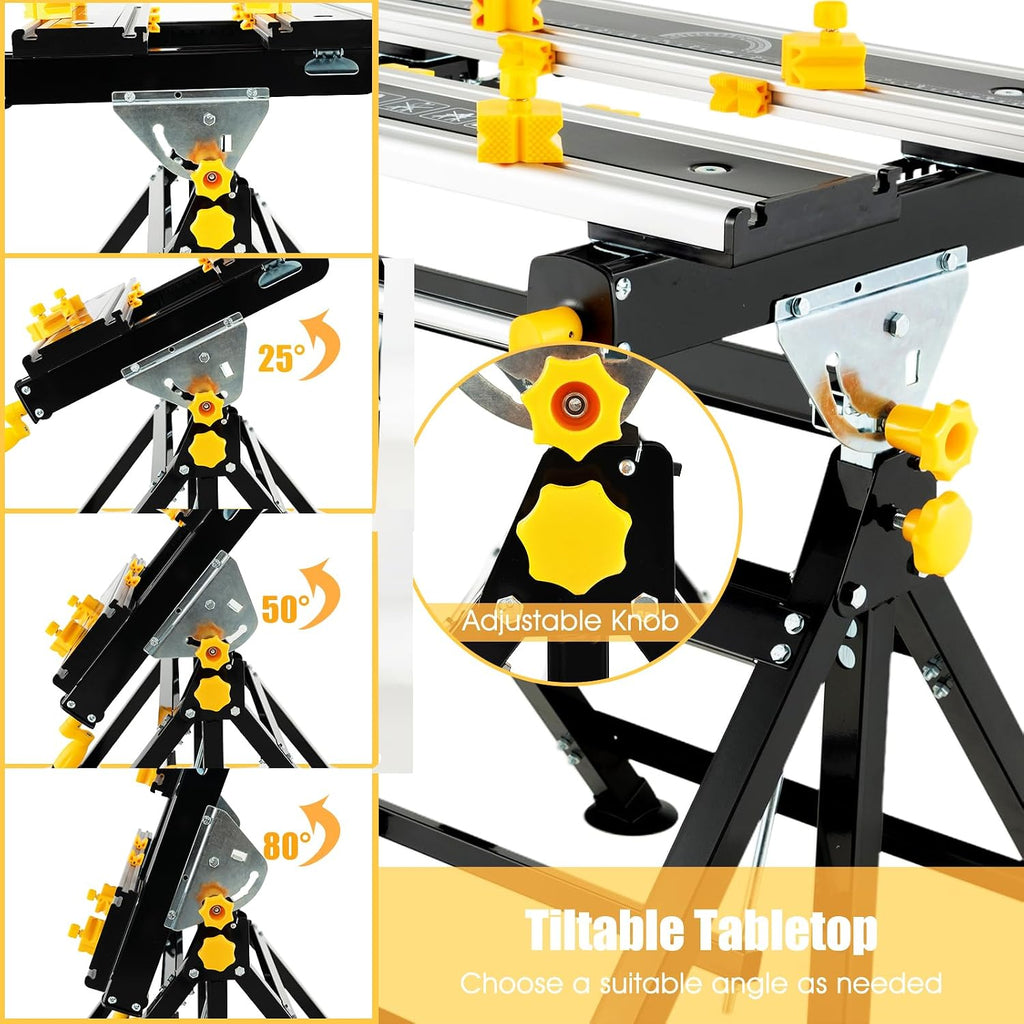 Portable Workbench, Folding Work Bench and Vise with 2 Rotary Handles, 7-Level Adjustable Height, 8 Sliding Clamps, Tiltable & Extendable Tabletop, Workbench Table for Garage, Workshop