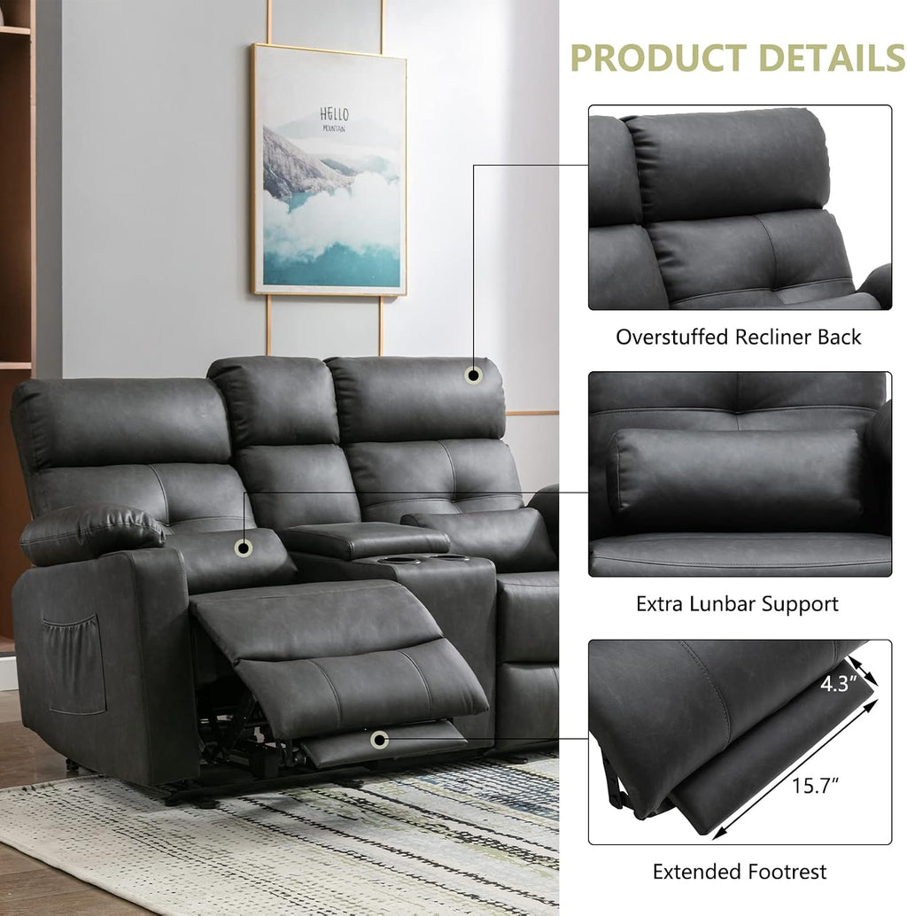 Power Reclining Loveseat with Console, Power Loveseat Recliner Sofa with Heat and Massage, Extended Footrest, Wall Hugger RV Recliner with Cup Holders, Lumbar Support for Living Room