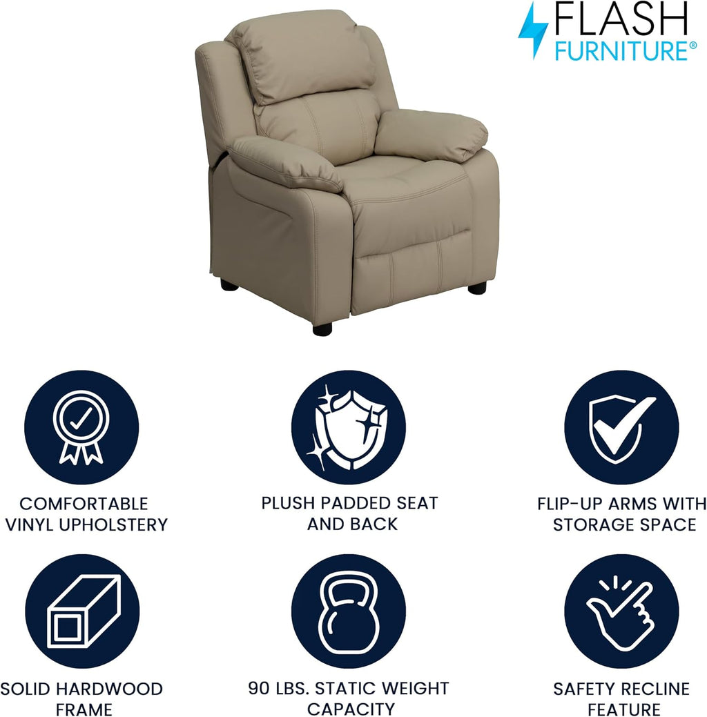 Flash Furniture Charlie Vinyl Kids Recliner with Flip-Up Storage Arms and Safety Recline, Contemporary Reclining Chair for Kids, Supports up to 90 lbs., Beige