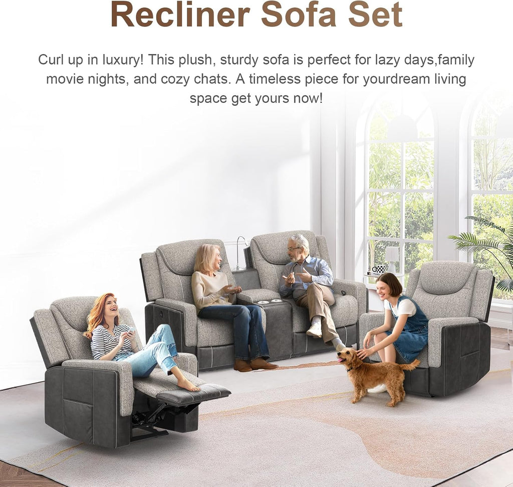 Dresegmt Living Room Furniture Set, Loveseat Recliner Sofa with Storage Console and 2 Oversize Recliner Chairs, Elegant Timeless Manual Reclining Couches for Living Room/RV (Grey, 2+1+1)