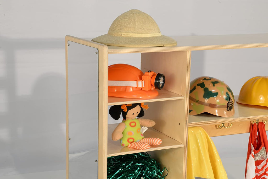 Wood Designs Baltic Birch Wooden Toddlers Fashion Pretend Dress-Up Station with 6 Shelves, Montessori Kids Room Furniture with Mirror & Hooks for Costume Storage
