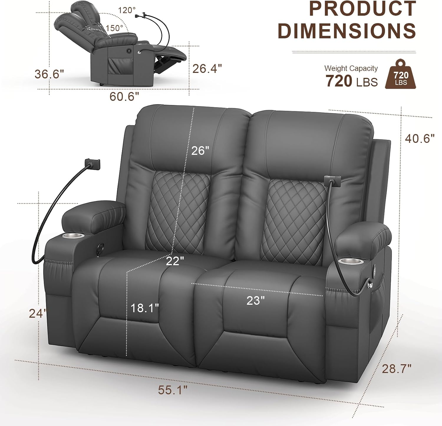 FURNIMAT Loveseat Recliner Sofa, 2 Seater Reclining Loveseat Sofa, PU Leather RV Loveseat Couch, Modern Recliner Chair for Living Room, with Cup Holder and 2 Cell Phone Holder, USB Ports, Gray