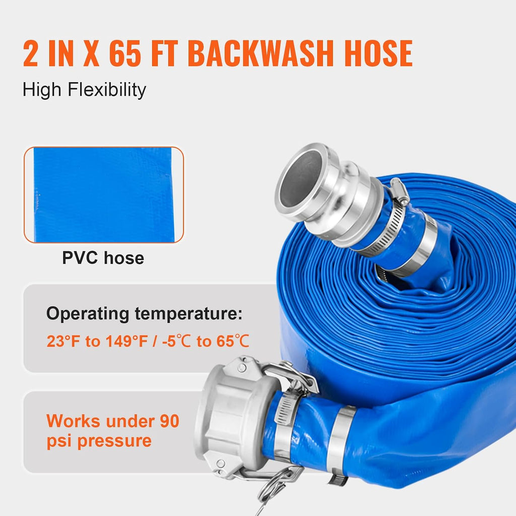 VEVOR Suction Hose Kit for Water Pump, with 2 in x 65 ft Blue Backwash Hose, 20 ft Green Suction Hose, and Steel Round Hole Strainer, Camlocks, Clamps, Cam & Groove Adapter, for Multiple Purposes