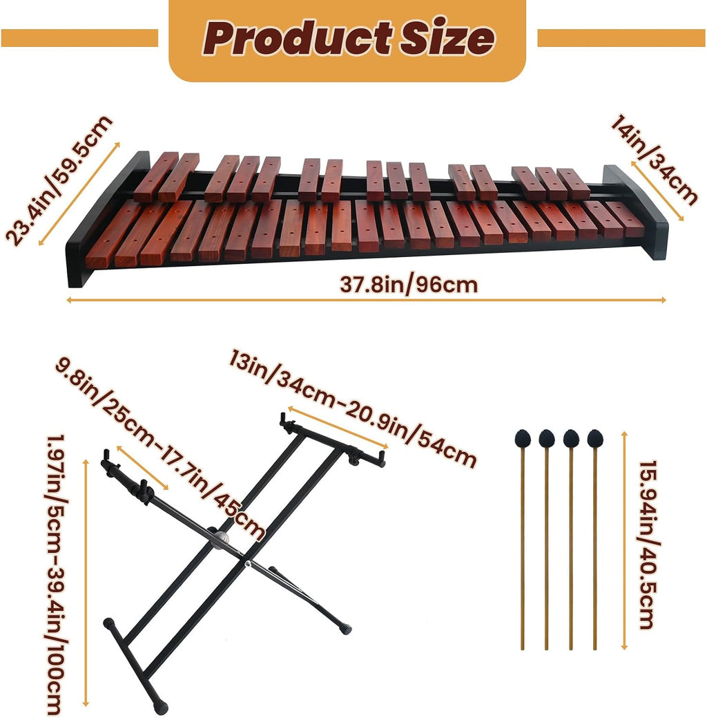 37 Notes Glockenspiel 37-Key Wooden Xylophone Professional Marimba Glockenspiel Xylophone with Adjustable Height Stand Xylophones Instrument Kit with Mallets & Bag