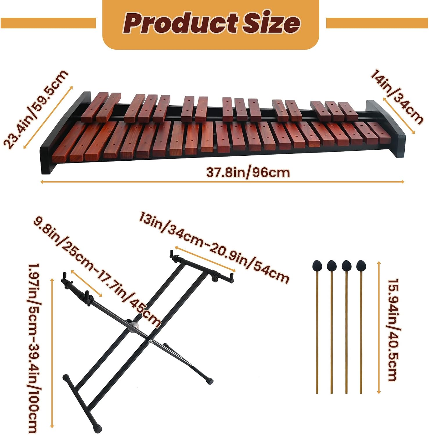 37 Notes Glockenspiel 37-Key Wooden Xylophone Professional Marimba Glockenspiel Xylophone with Adjustable Height Stand Xylophones Instrument Kit with Mallets & Bag