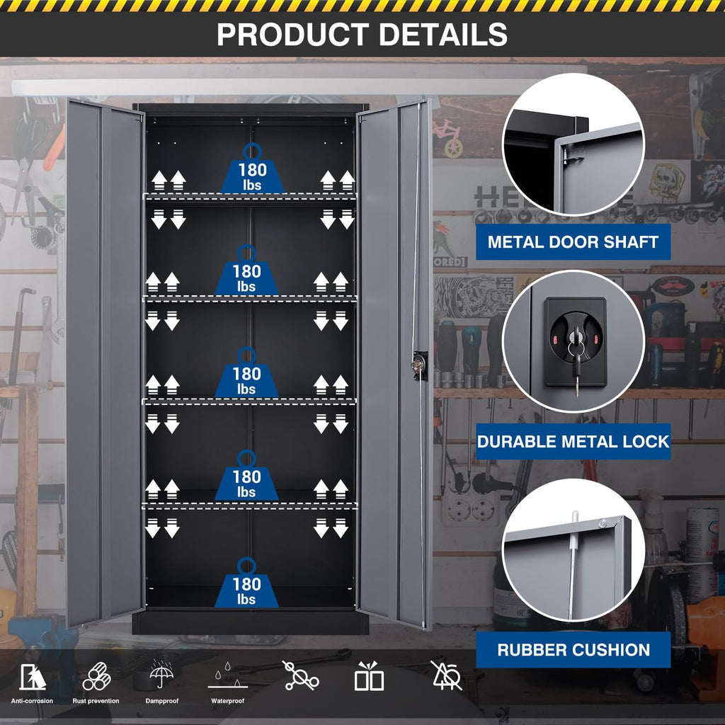 Fesbos 71' Tall Metal Storage Cabinet- Steel File Cabinets with Lockable Doors and Adjustable Shelves-Black&Gray Steel Storage Cabinet for Home,Kitchen, School, Office, Garage