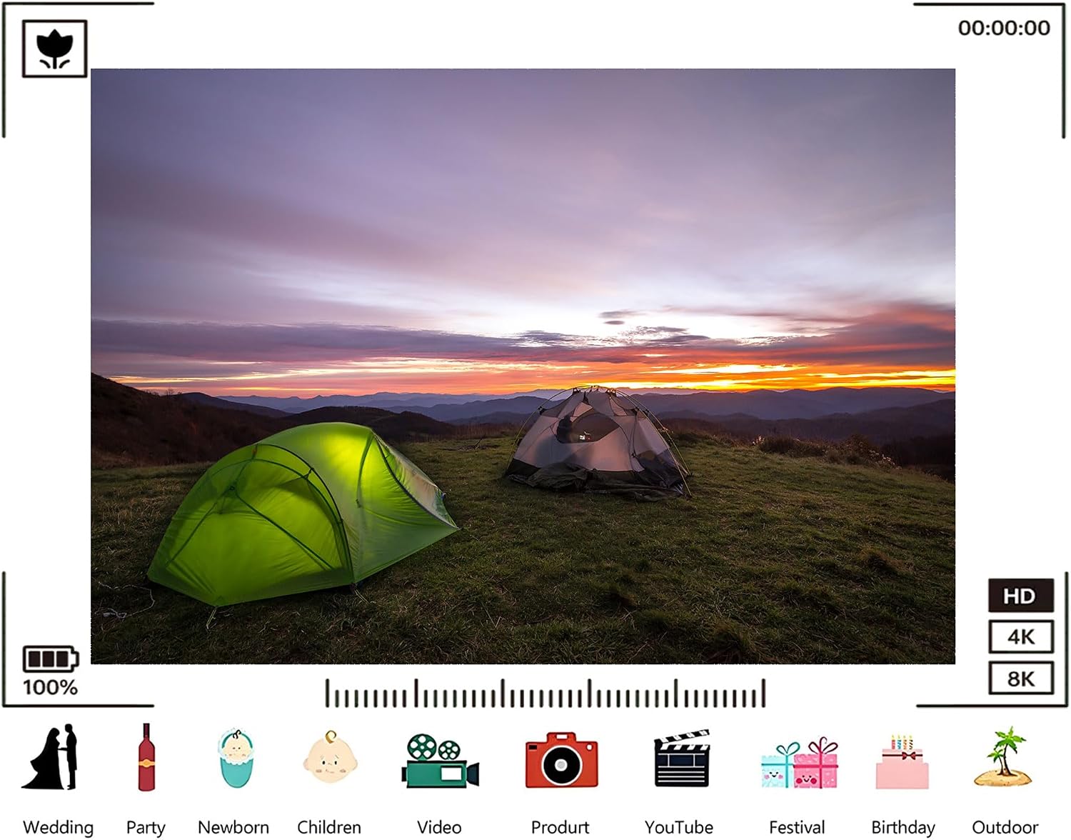 Trykid 20x10ft Green Tents Sunset Backdrop Mountain Camping Scenery Photography Background Outdoor Adventure Shoot Tapestry Party Decoration Photo Studio Prop Fabric