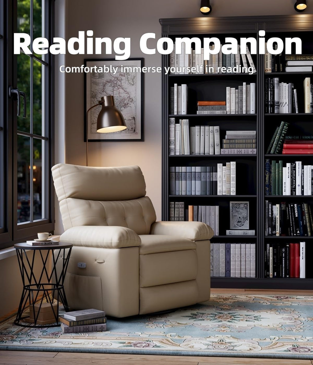 GarveeHome Oversized 27' Recliner Chairs, Classic Manual Leather Recliner, Home Theater Seating with Lumbar & Arms Support for Living Room, Bedroom and Nursery - Beige
