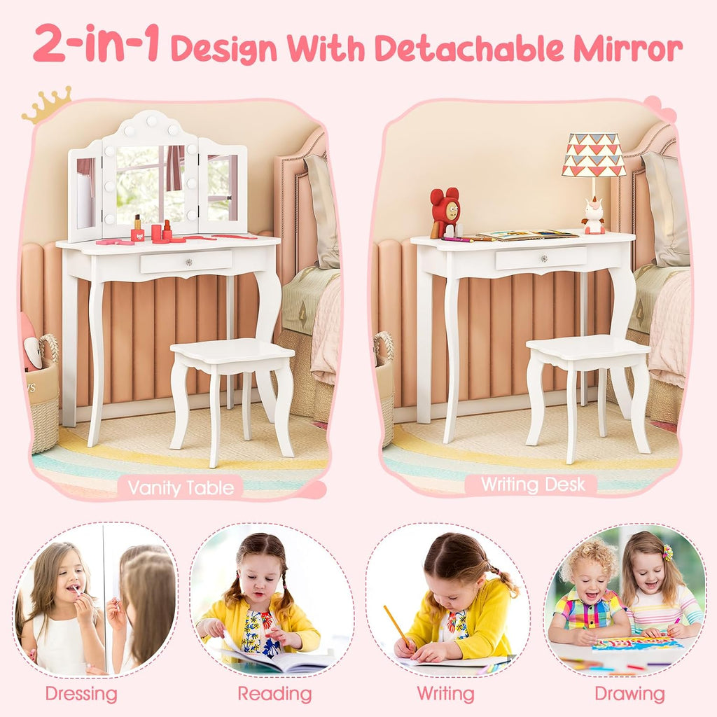 HONEY JOY Kids Vanity Set with Lighted Mirror, 2 in 1 Princess Toddler Dressing Table w/Tri-Fold Mirror & Drawer, Wooden Makeup Table & Chair Set, Pretend Play Vanity Set for Little Girls (White)