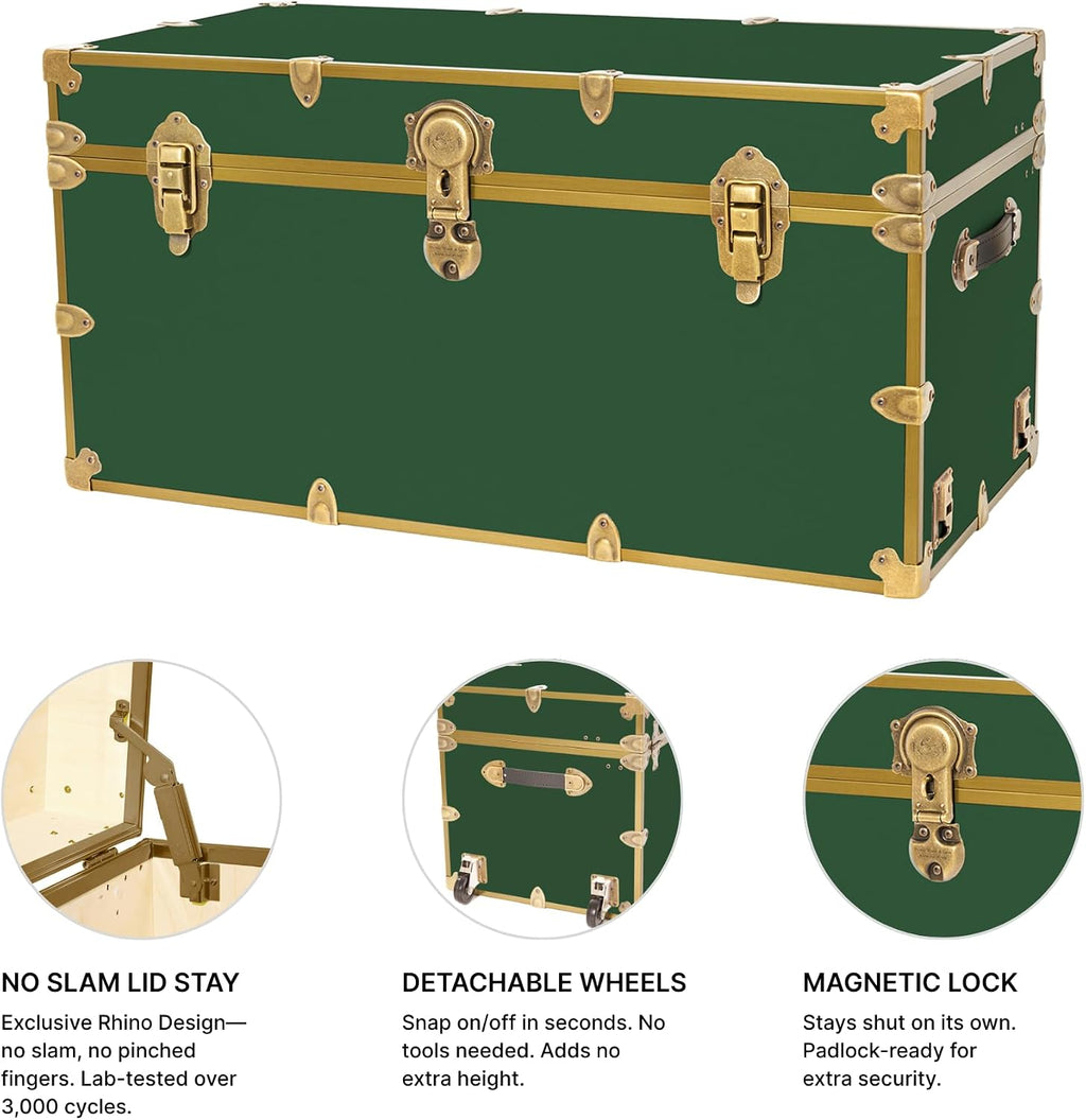 Rhino Trunk & Case Classic XXL College Trunk with Wheels, Antique Brass Hardware, Soft Close - 36'x18'x18', Seats 1500+ lbs, USA Made Secure Dorm Footlocker, Home Storage, Steamer Style Blanket Chest