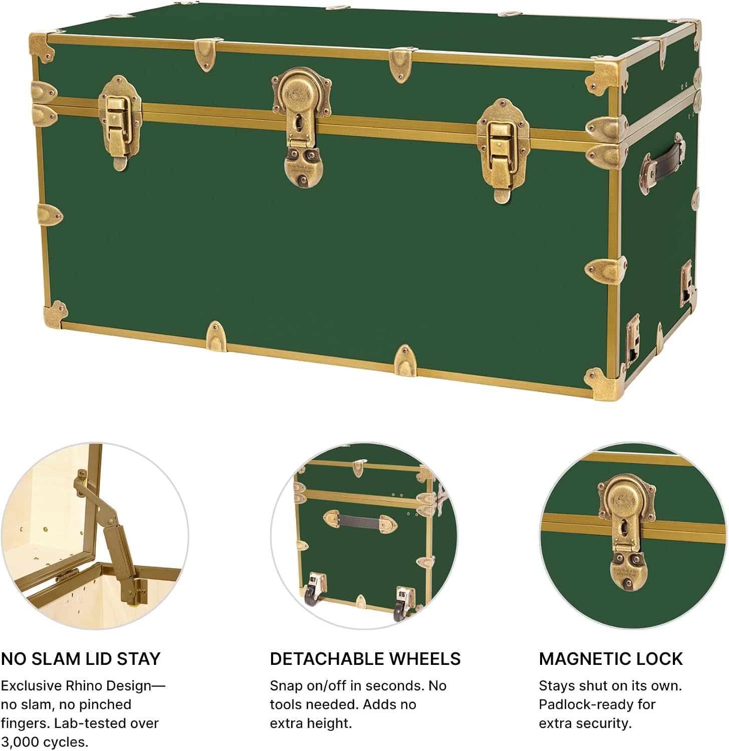 Rhino Trunk & Case Classic XXL College Trunk with Wheels, Antique Brass Hardware, Soft Close - 36'x18'x18', Seats 1500+ lbs, USA Made Secure Dorm Footlocker, Home Storage, Steamer Style Blanket Chest
