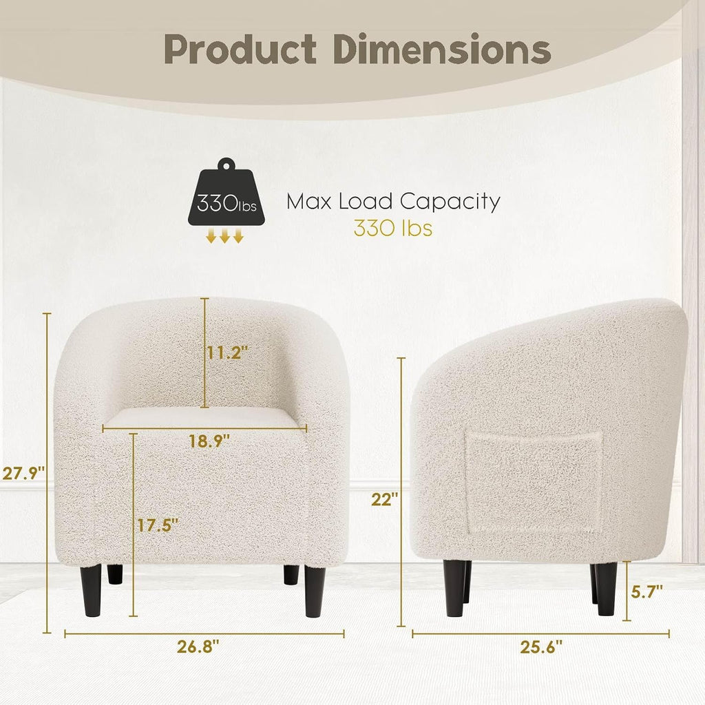 Modern Accent Barrel Chair, Comfy Teddy Fabric Club Armchair with Side Pocket, Easy Assembly Living Room Corner Chair for Bedroom, Office, Reception Space